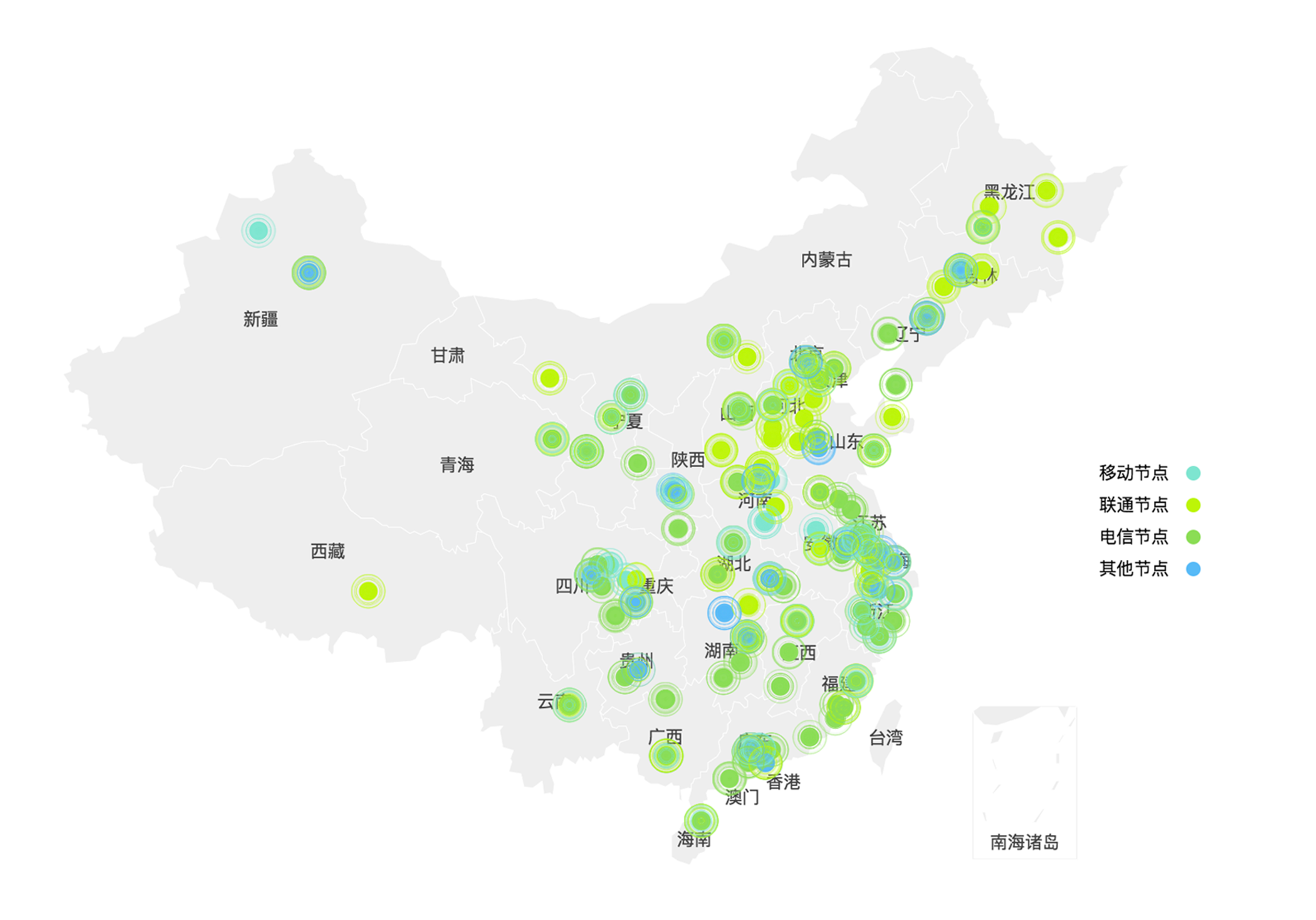 中国地图上分布着多个网络节点标记，示意覆盖城市范围